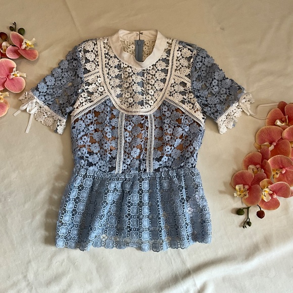 Rare SELF-PORTRAIT Petal Paneled Lace Top Blue, Size 2 - Picture 8 of 16